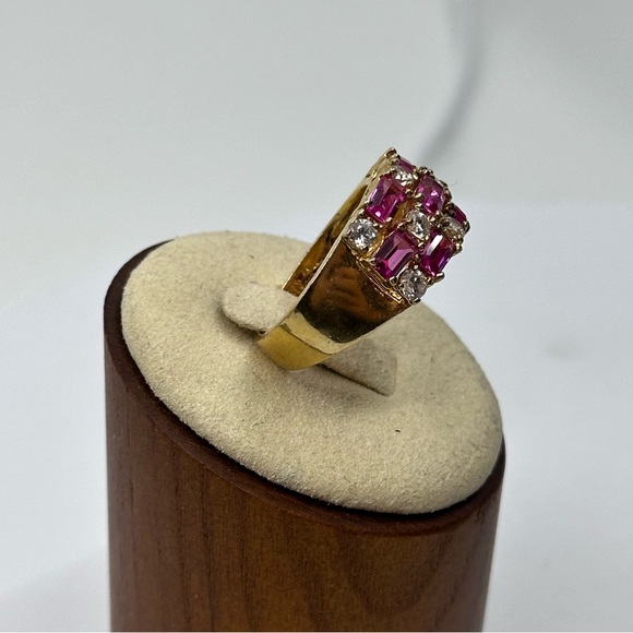 Sz. 8.75 Vintage Cocktail Sterling Silver & Gold Ring with Pink Rubies& Diamond - Picture 14 of 14